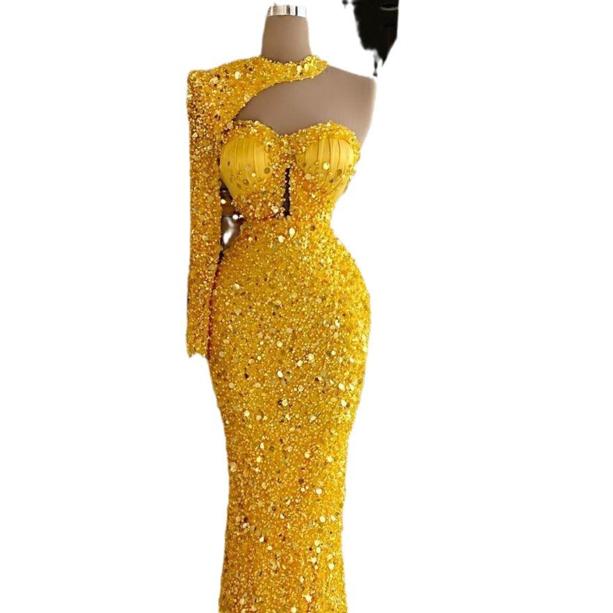 Sequined Pearl Embroidery Lace Asymmetric Single Sleeve Dress - Fashionner