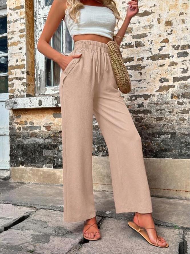 New Casual Pants With Pockets Elastic Drawstring High Waist Loose Trousers For Women - Fashionner