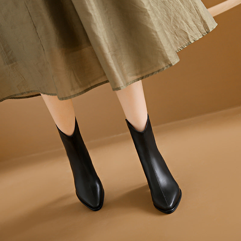 Genuine Leather Pointed Toe High Heel Boots Female White Chunky Heels - Fashionner