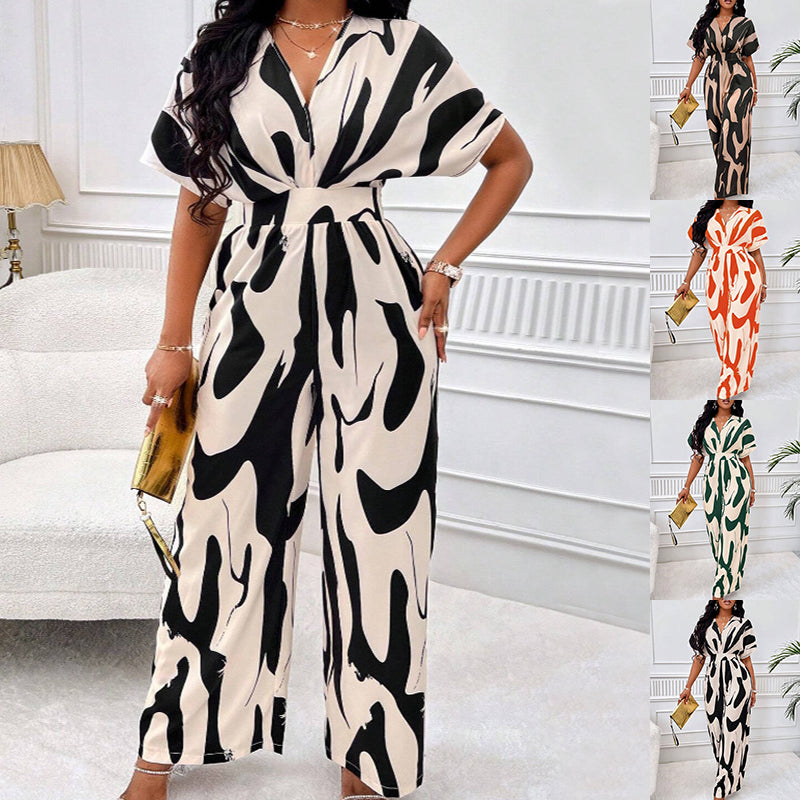 V-neck Loose Printed Long Jumpsuit - Fashionner