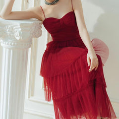 Suspender Spread Chest Temperament Dark Red Flowing Small Dress Long Skirt - Fashionner