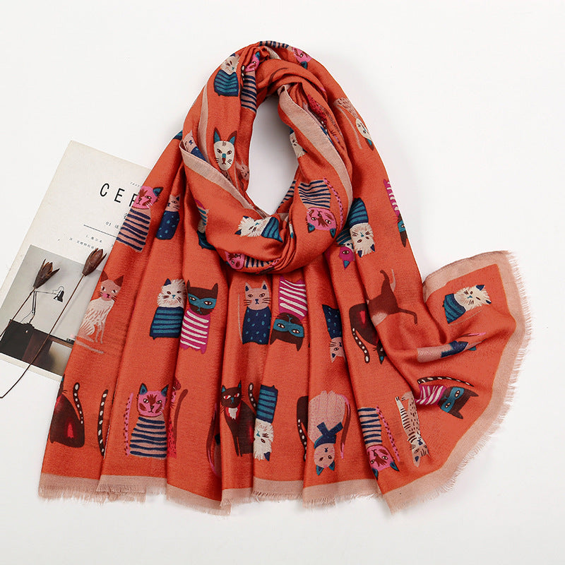 Autumn And Winter Polyester Long Scarf Female Cartoon Cat - Fashionner