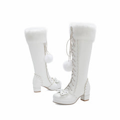 Lace-up Bow Women's Chunky Heel Boots - Fashionner