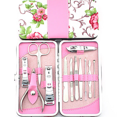Nail Clipper Set Stainless Steel 12 Piece Pink Flower Nail Scissors Manicure manicure tools rose -12 - Fashionner