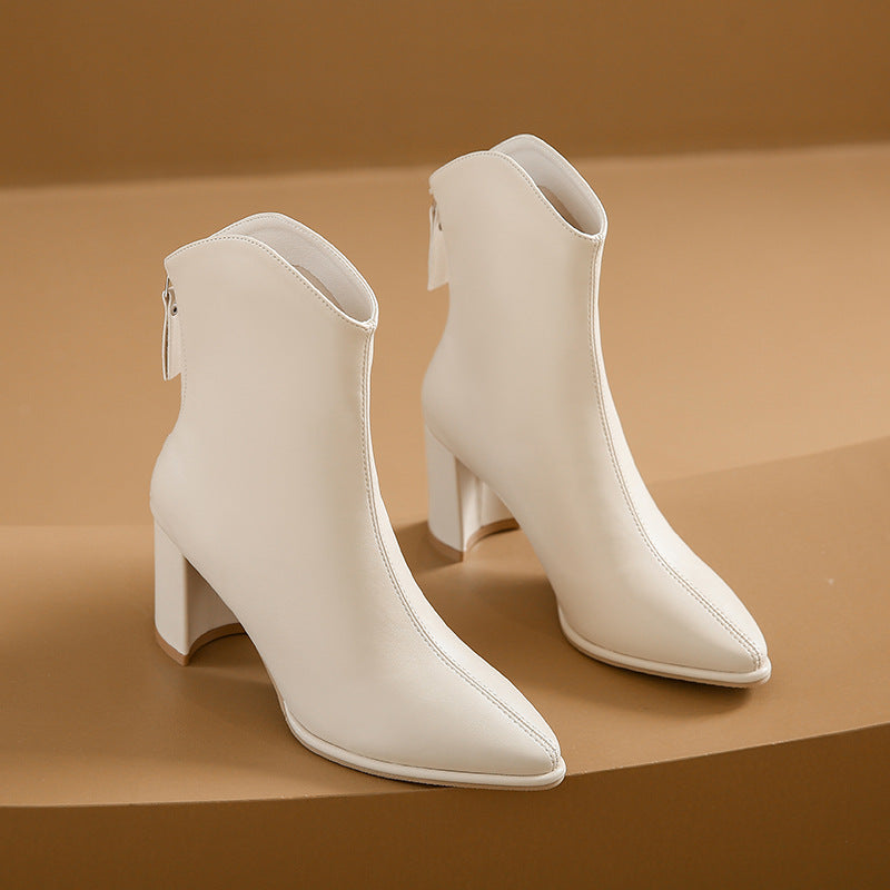 Genuine Leather Pointed Toe High Heel Boots Female White Chunky Heels - Fashionner