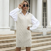 Long Solid Color And V-neck Vest Type Vest Knitted Sweater Dress Women - Fashionner
