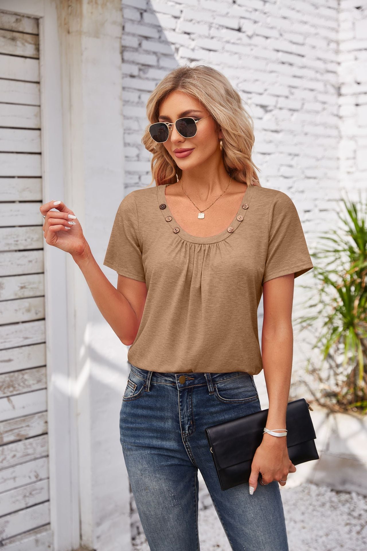 Women's Short-sleeved T-shirt Summer Button Square Collar Pleated Design Solid Color Loose T-shirt Womens Clothing - Fashionner