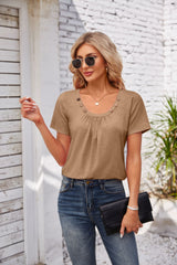 Women's Short-sleeved T-shirt Summer Button Square Collar Pleated Design Solid Color Loose T-shirt Womens Clothing - Fashionner