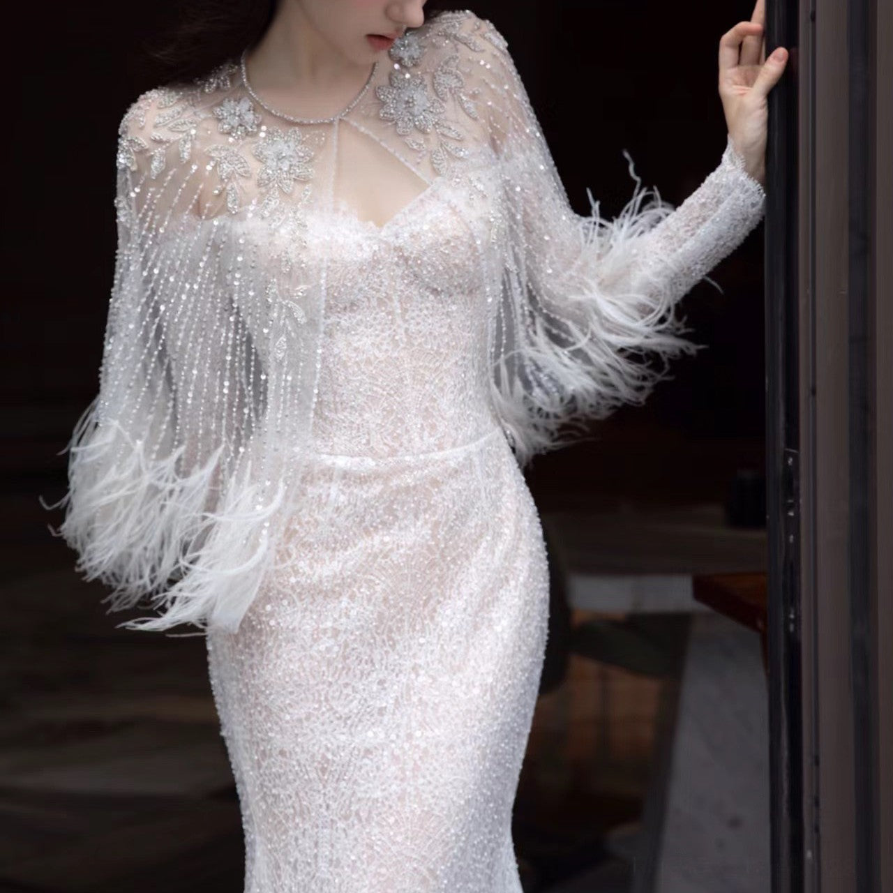 Annual Meeting Mermaid Heavy Industry Feather Dress - Fashionner