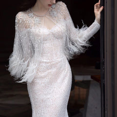 Annual Meeting Mermaid Heavy Industry Feather Dress - Fashionner