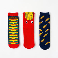 Three Pairs Of Women's Cartoon Food Printed Cotton Socks - Fashionner