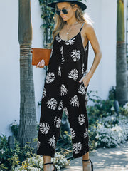 Flowers Print Suspender Jumpsuit With Pockets Spring Summer Fashion Round-neck Overalls For Womens Clothing - Fashionner
