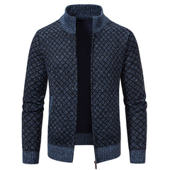 Thickened Plaid Print Jacket Cardigan Fashion Slim Fit Zipper Stand Collar Sweater Winter Men's Casual Long Sleeve Knitted Top Clothing