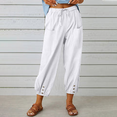 Women Drawstring Tie Pants Spring Summer Cotton And Linen Trousers With Pockets Button - Fashionner