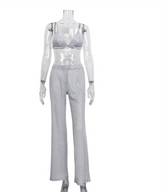Camisole Slim Straight High Waist Pants Street Glitter Jacket Night Club Suit - Fashionner