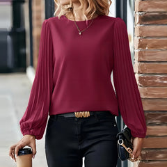 Women's Long-sleeved Shirt Round Neck Retro Solid Color - Fashionner