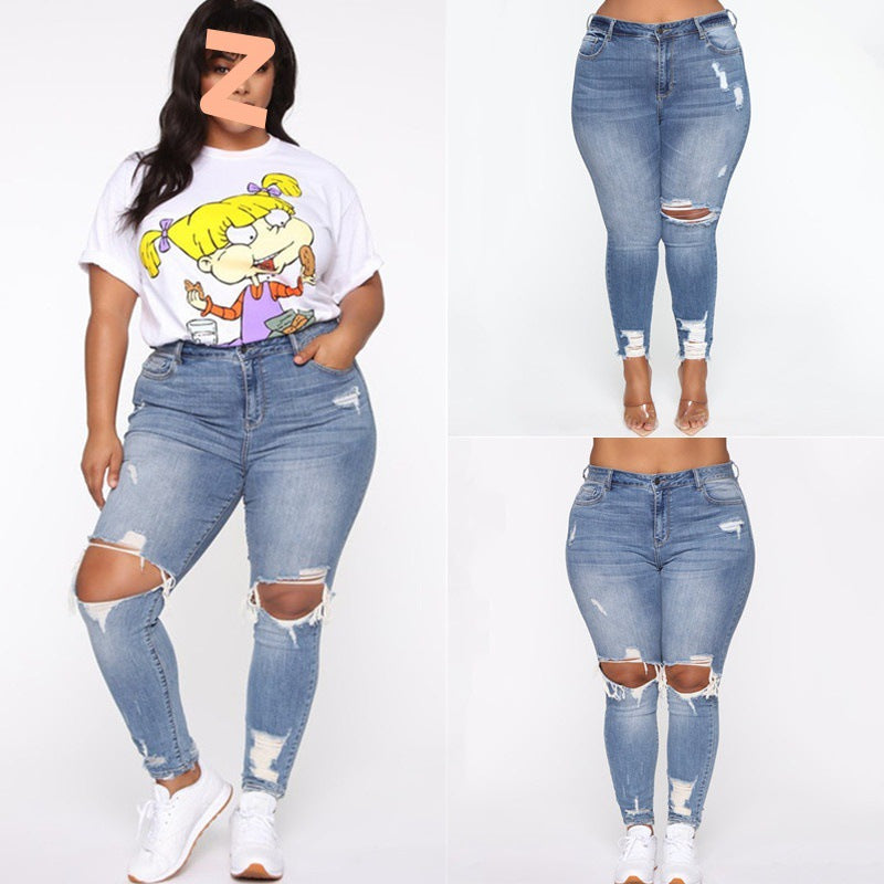 Women Clothes Ripped Plus Size Ladies Denim Pants Jeans - Fashionner