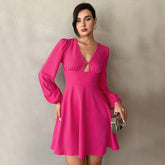 Waist cinched V-neck bubble sleeve A-line skirt mini dress - Fashionner