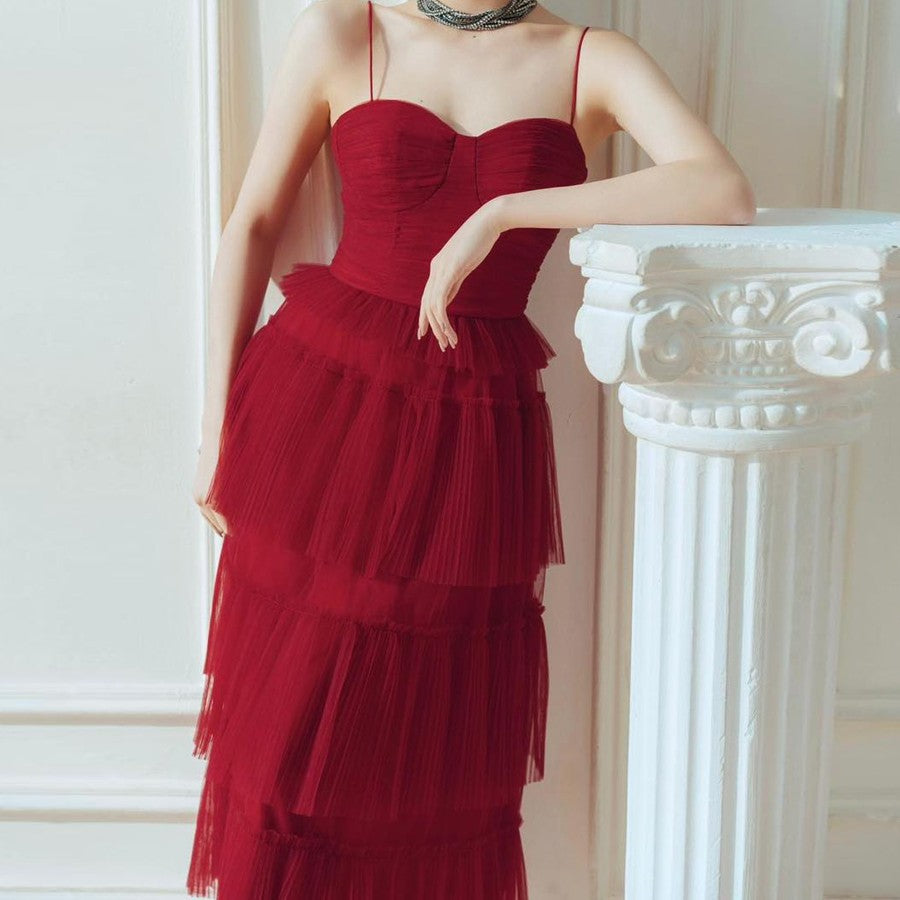 Suspender Spread Chest Temperament Dark Red Flowing Small Dress Long Skirt - Fashionner