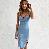 New U-neck Suspender Denim Dress Summer Casual Tight Slim Fit Dresses With Slit Design Womens Clothing - Fashionner