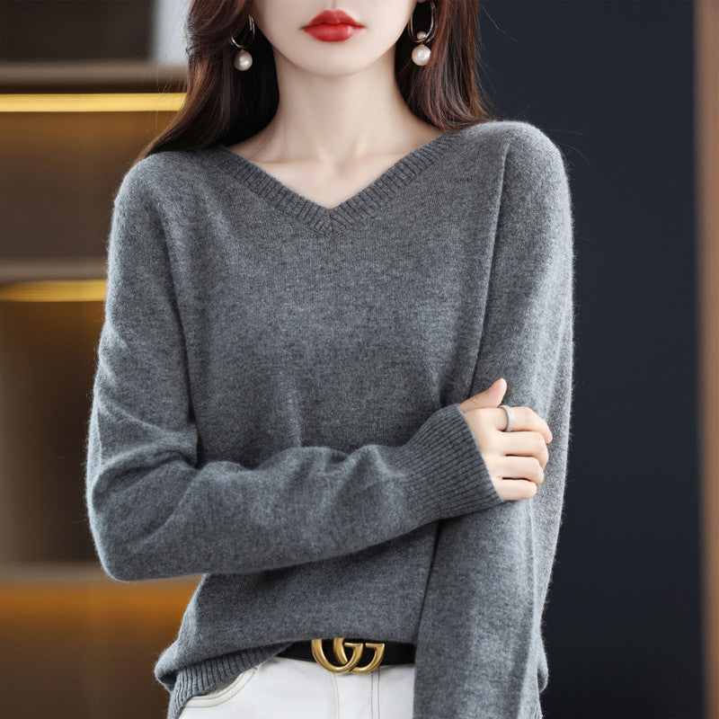Women's V-neck Loose Pullover Long Sleeve Sweater - Fashionner