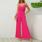 V-neck Suspender Pleated Jumpsuit Solid Color Loose Straight Pants Womens Clothing - Fashionner
