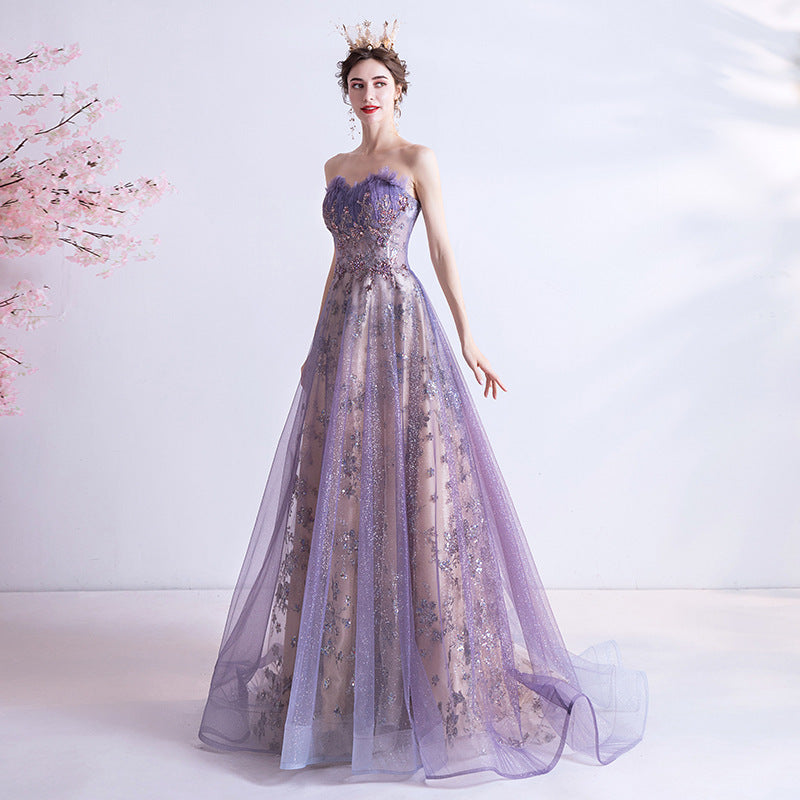 Strapless Purple Sequin Starry Dress Wedding Dress - Fashionner