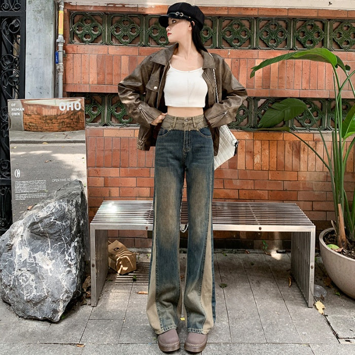 Patchwork Retro Contrast Color Flared Jeans - Fashionner