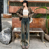 Patchwork Retro Contrast Color Flared Jeans - Fashionner