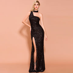 Split sequined banquet dress