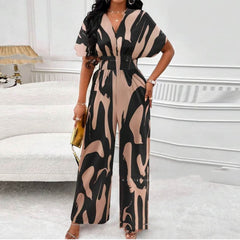 V-neck Loose Printed Long Jumpsuit - Fashionner