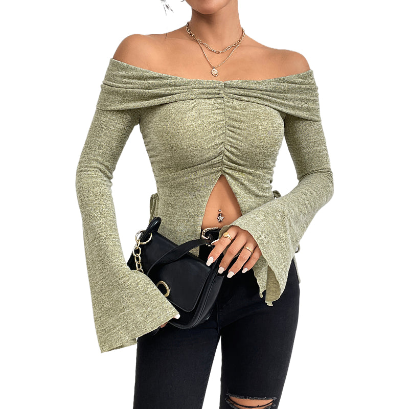 One line neckline split flared sleeve long sleeved knitted T-shirt top - Fashionner