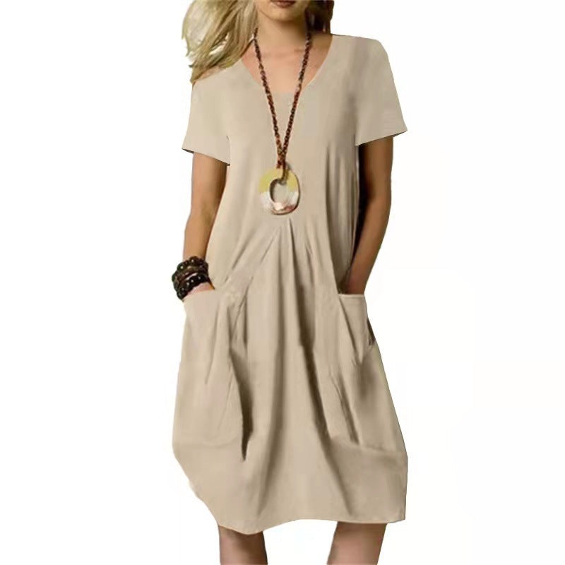 Women's Dress With Pockets Cotton Linen Solid Color Loose Round Neck Short Sleeve Dress Summer - Fashionner