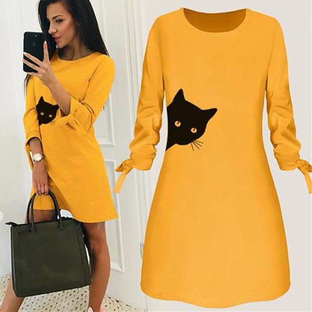 Women Elegant Dress Cat Print Bow O Neck Long Sleeve Party Mini Dresses Casual Ladies Elegant Dress Autumn Spring Dresses - Fashionner