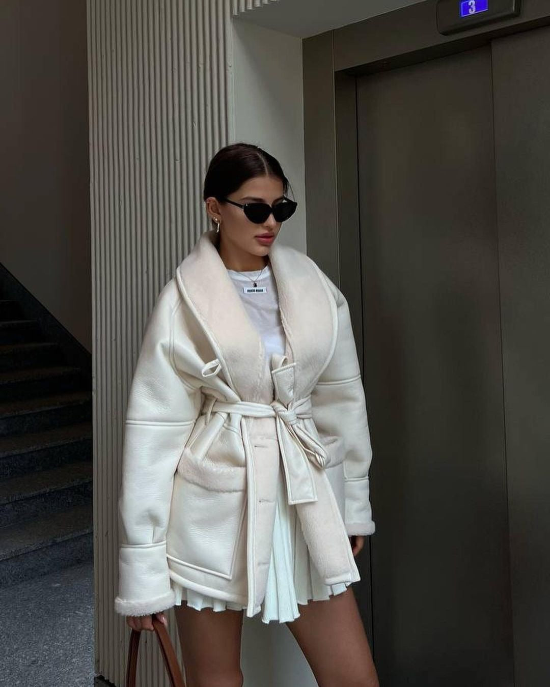 Leather And Fur Korean Style Long Sleeve Splicing Coat Women - Fashionner