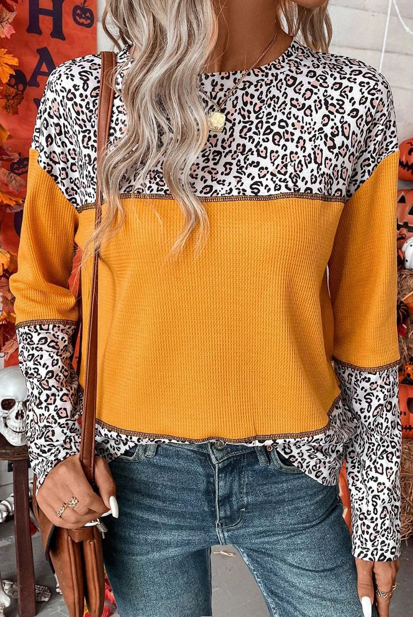 European And American Pullover Round Neck Leopard Splicing Waffle Sweater - Fashionner