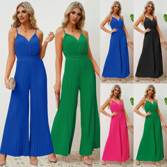 V-neck Suspender Pleated Jumpsuit Solid Color Loose Straight Pants Womens Clothing - Fashionner