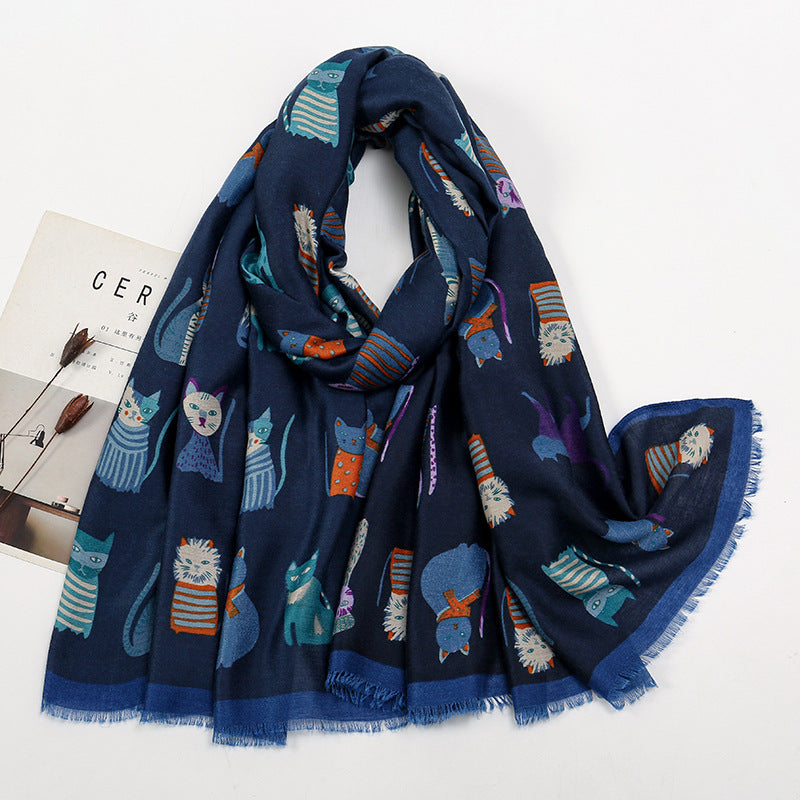 Autumn And Winter Polyester Long Scarf Female Cartoon Cat - Fashionner