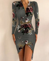 Autumn And Winter Long Sleeve V-neck Printed Tight Split Dress Women's Clothing - Fashionner