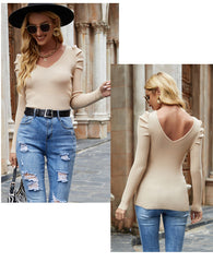 Slim Fit High-elastic V-neck Base Puff Sleeve Sweater For Women - Fashionner