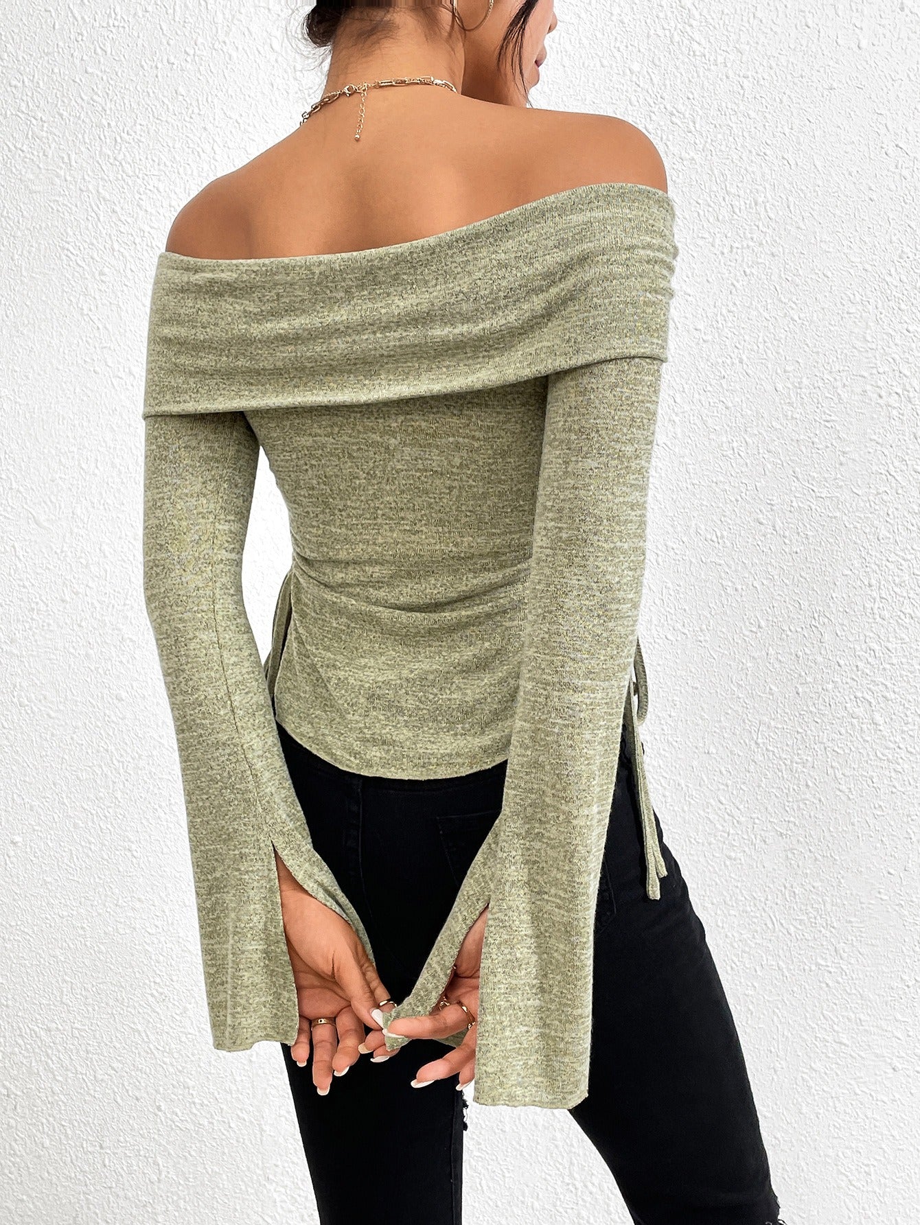 One line neckline split flared sleeve long sleeved knitted T-shirt top - Fashionner