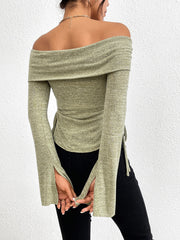 One line neckline split flared sleeve long sleeved knitted T-shirt top - Fashionner
