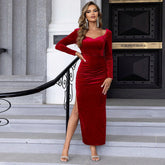 Slim fit bag buttocks split chicken heart collar mid length dress velvet - Fashionner