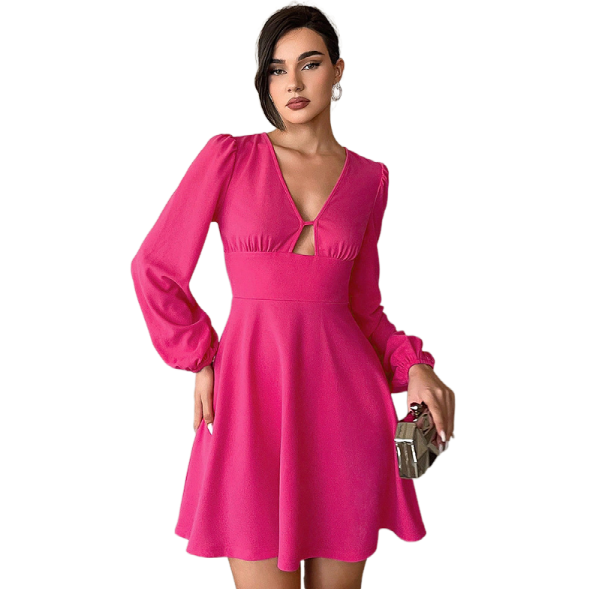 Waist cinched V-neck bubble sleeve A-line skirt mini dress - Fashionner