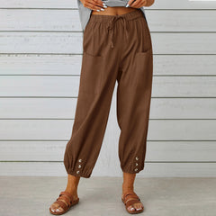 Women Drawstring Tie Pants Spring Summer Cotton And Linen Trousers With Pockets Button - Fashionner