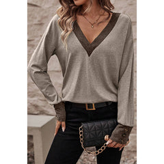 Women's Fashion Casual Loose-fitting V-neck Long Sleeves T-shirt - Fashionner