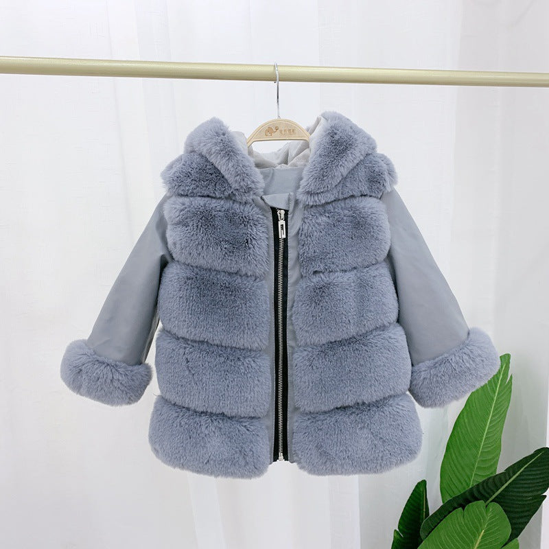 Children's Cotton Coat Rex Rabbit Hooded Faux Fur Coat - Fashionner