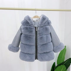 Children's Cotton Coat Rex Rabbit Hooded Faux Fur Coat - Fashionner