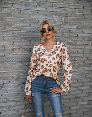 Leopard Print Printed V-neck Off-the-shoulder Long Sleeve T-shirt - Fashionner