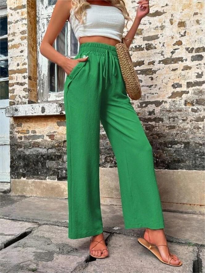 New Casual Pants With Pockets Elastic Drawstring High Waist Loose Trousers For Women - Fashionner